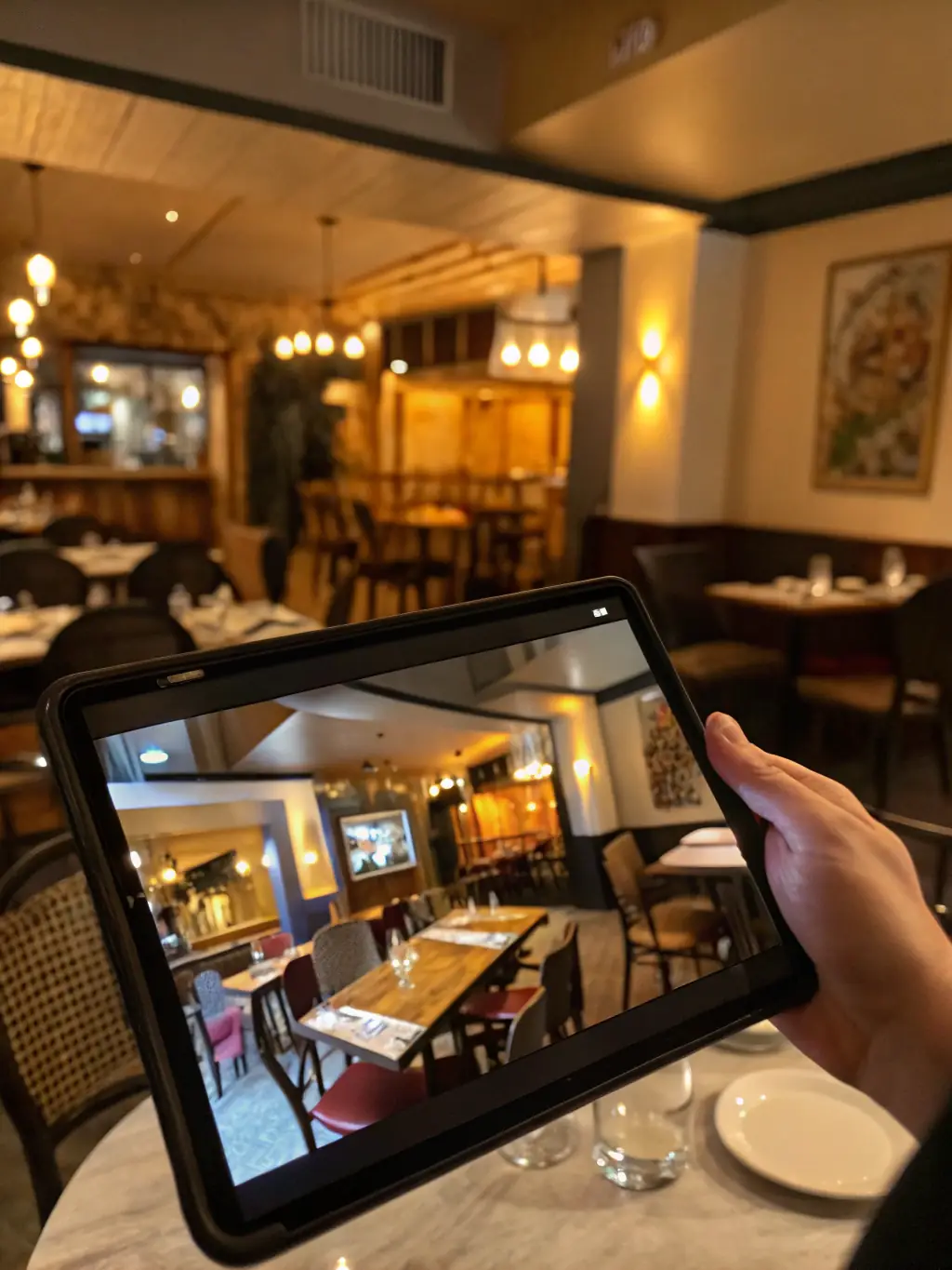 A picture of a restaurant's website featuring high-quality food photography, online menu, and reservation system on a tablet device.