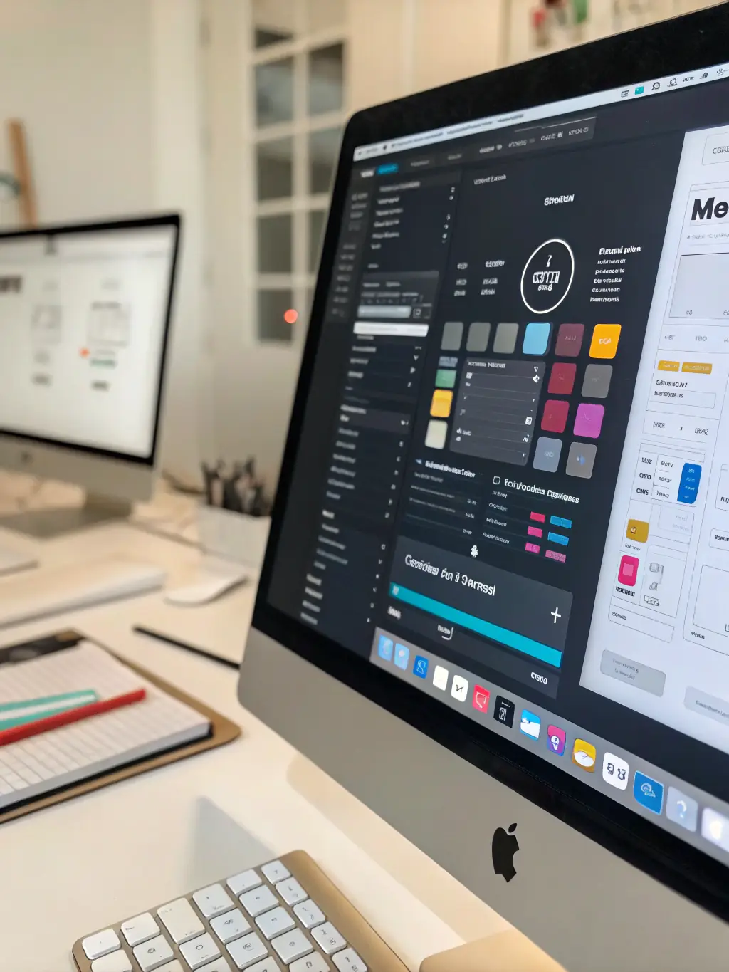 A close-up shot of a web designer's hands working on a clean, modern website layout on a large monitor, showcasing attention to detail and design skills.